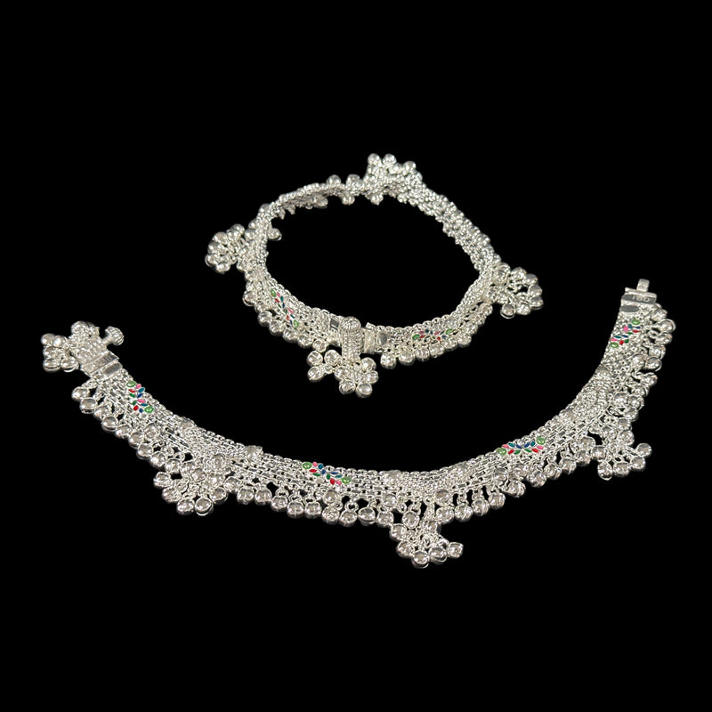 800 Silver Rajwada Hallmarked Pajeb Anklet with Meena & Bells - Style