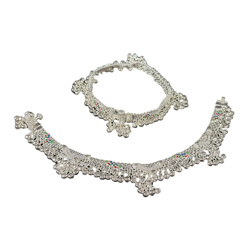 800 Silver Rajwada Hallmarked Pajeb Anklet with Meena & Bells - Style