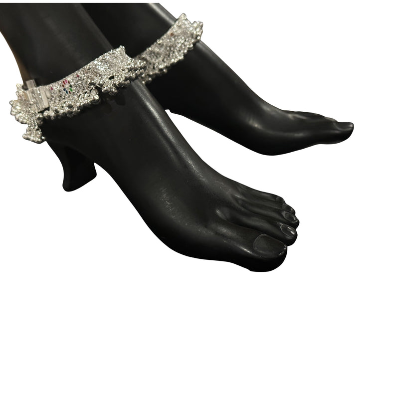 800 Silver Rajwada Hallmarked Pajeb Anklet with Meena & Bells - Style