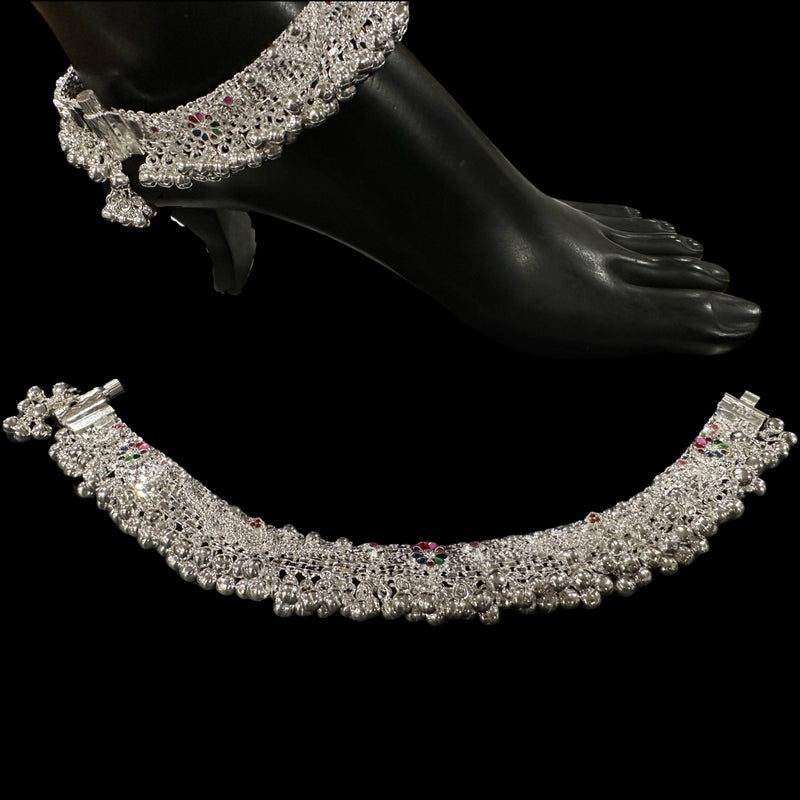 800 Silver Rajwada Hallmarked Pajeb Anklet with Meena & Bells - Style