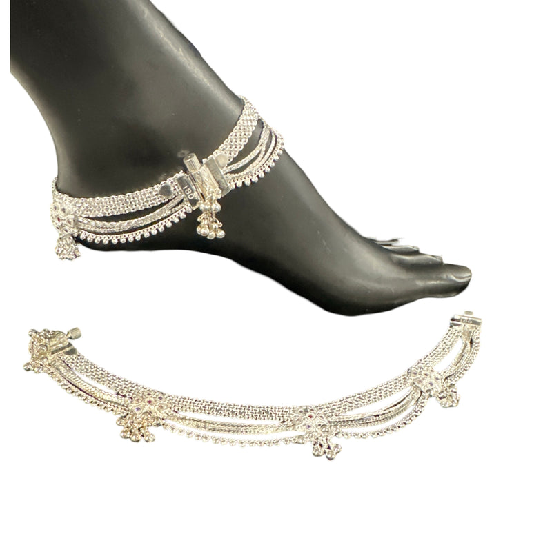 800 Silver Rajwada Hallmarked Pajeb Anklet with Meena - Style