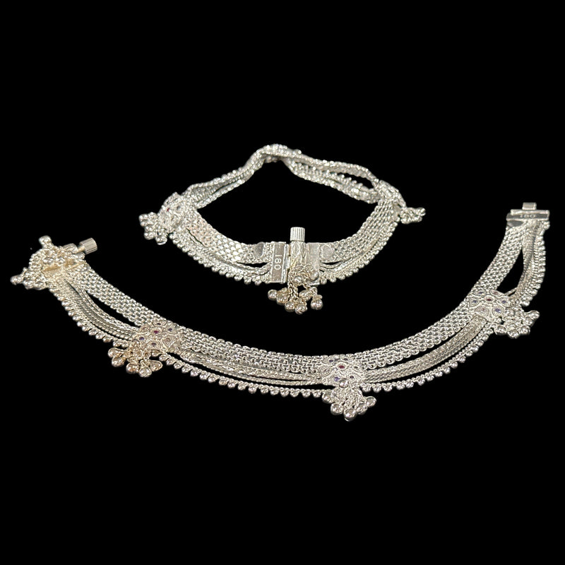 800 Silver Rajwada Hallmarked Pajeb Anklet with Meena - Style