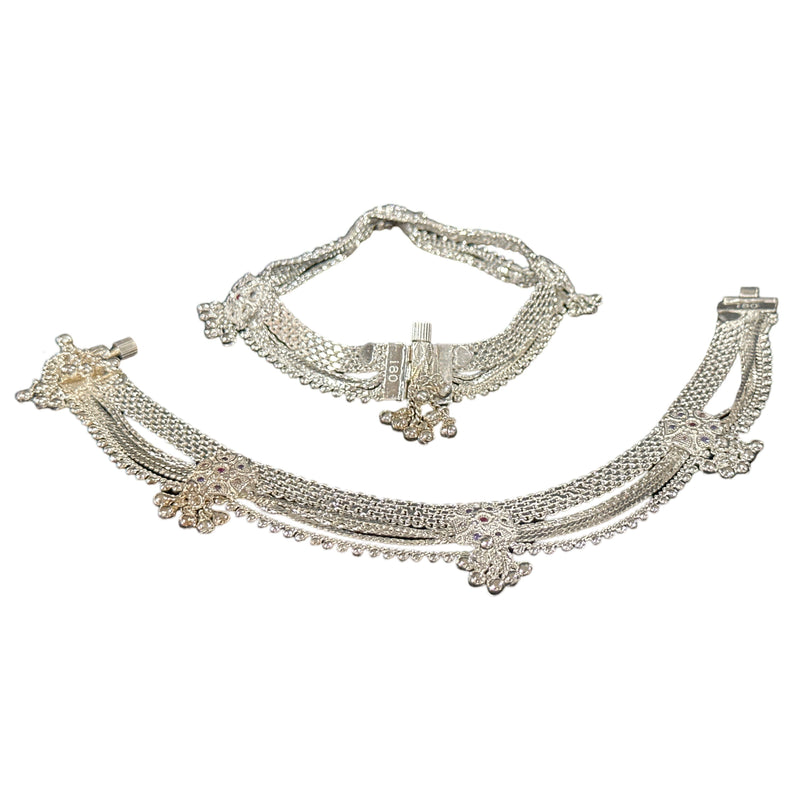 800 Silver Rajwada Hallmarked Pajeb Anklet with Meena - Style