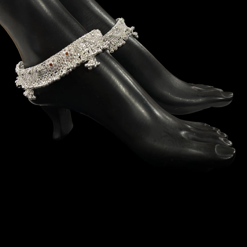 800 Silver Rajwada Hallmarked Pajeb Anklet with Meena & Bells - Style
