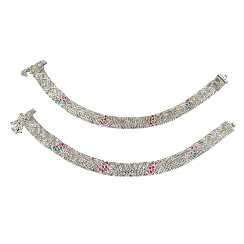 800 Silver Rajwada Hallmarked Pajeb Anklet with Meena - Style