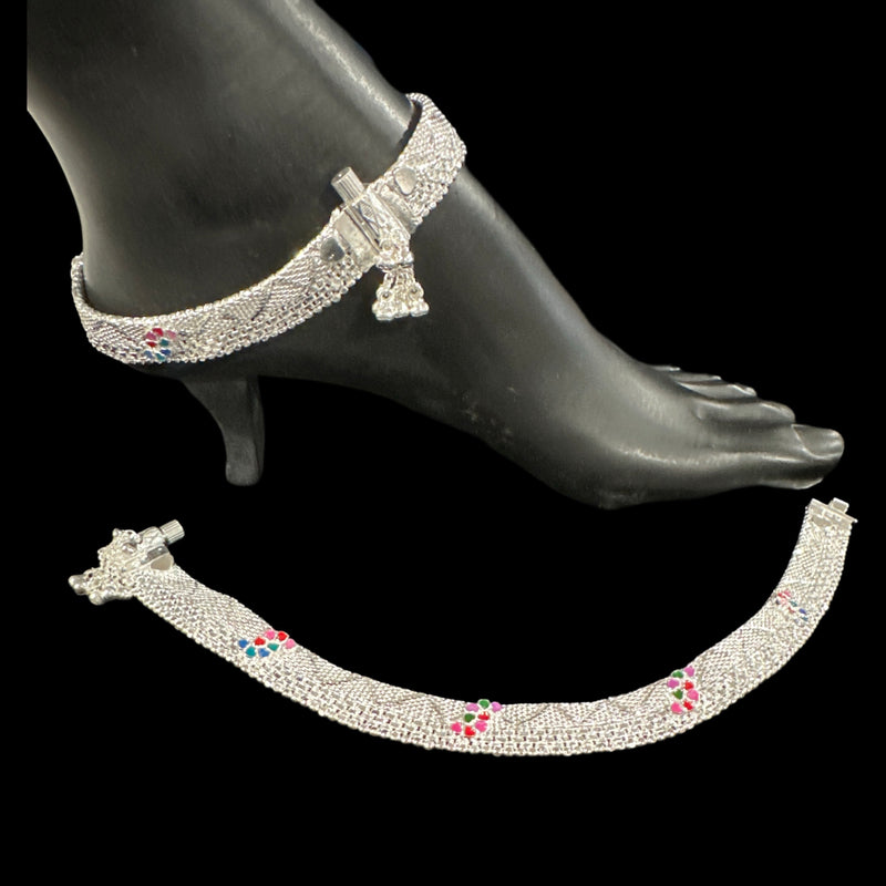 800 Silver Rajwada Hallmarked Pajeb Anklet with Meena - Style