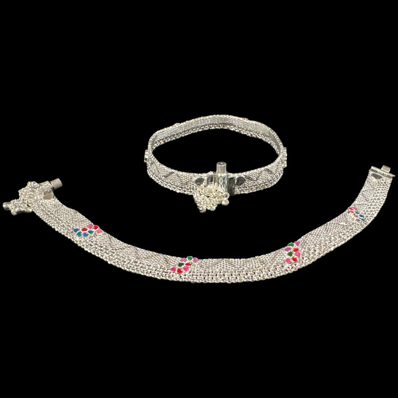 800 Silver Rajwada Hallmarked Pajeb Anklet with Meena - Style