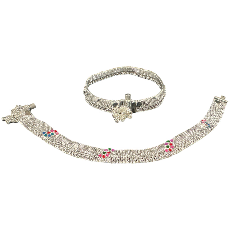 800 Silver Rajwada Hallmarked Pajeb Anklet with Meena - Style