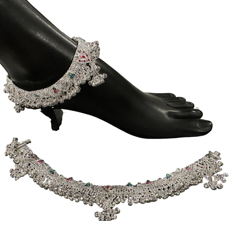 800 Silver Rajwada Hallmarked Pajeb Anklet with Meena & Bells - Style