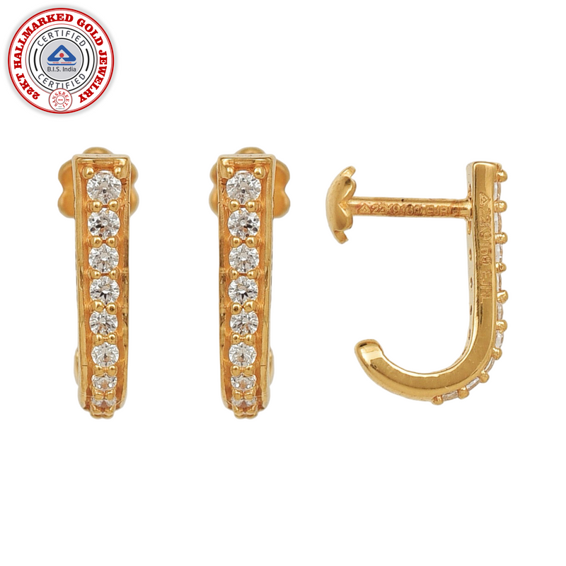 916 Gold Twenty Two Karat (22Kt) Hallmarked J-Shaped Hoop Pair -Style