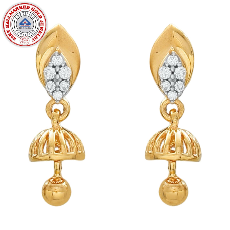 916 Gold Twenty Two Karat (22Kt) Hallmarked Small Jhumki (Jimki) -Style