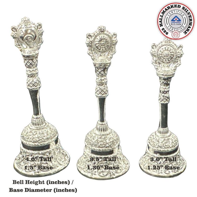 925 Sterling Silver Hallmarked Shankh Handle Puja Bell - Style
