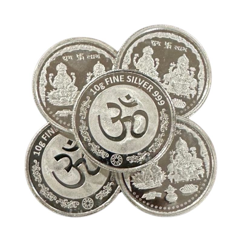 999 Pure Silver Ganesha Lakshmi / Laxmi 10 Gram Coins (pack of 5 Coins) -