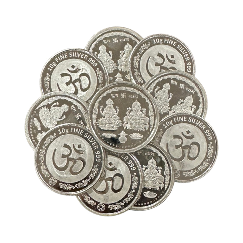 999 Pure Silver Ganesha Lakshmi / Laxmi 10 Gram Coins (Pack of 10 Coins) -