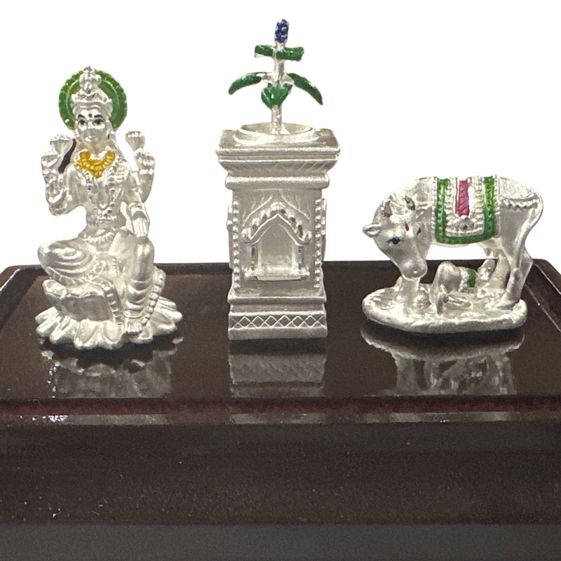 999 Pure Silver Kamdhenu Cow, Tulsi & Lakshmi Statue  - 2.0-inch Tall Idol / Murti (Figurine
