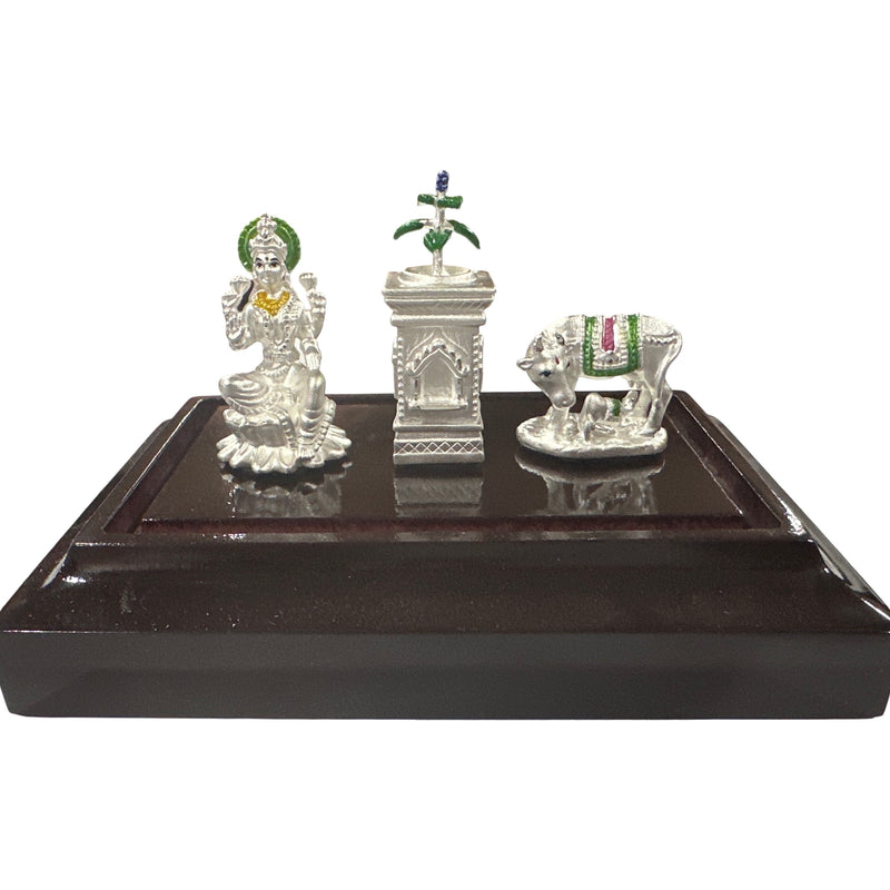 999 Pure Silver Kamdhenu Cow, Tulsi & Lakshmi Statue  - 2.0-inch Tall Idol / Murti (Figurine