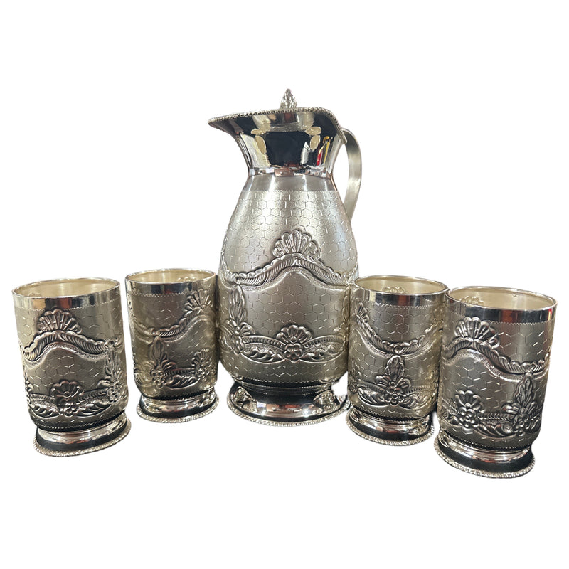 925 Sterling Silver Hallmarked 850ml / 200ml Capacity Water Pitcher & Four Tumbler Set