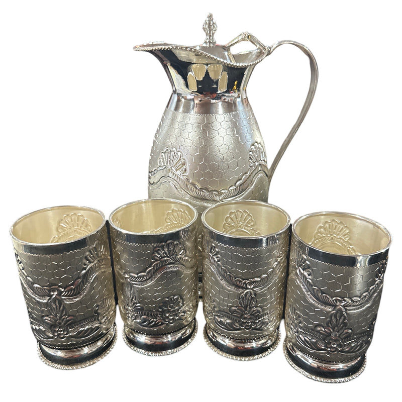 925 Sterling Silver Hallmarked 850ml / 200ml Capacity Water Pitcher & Four Tumbler Set