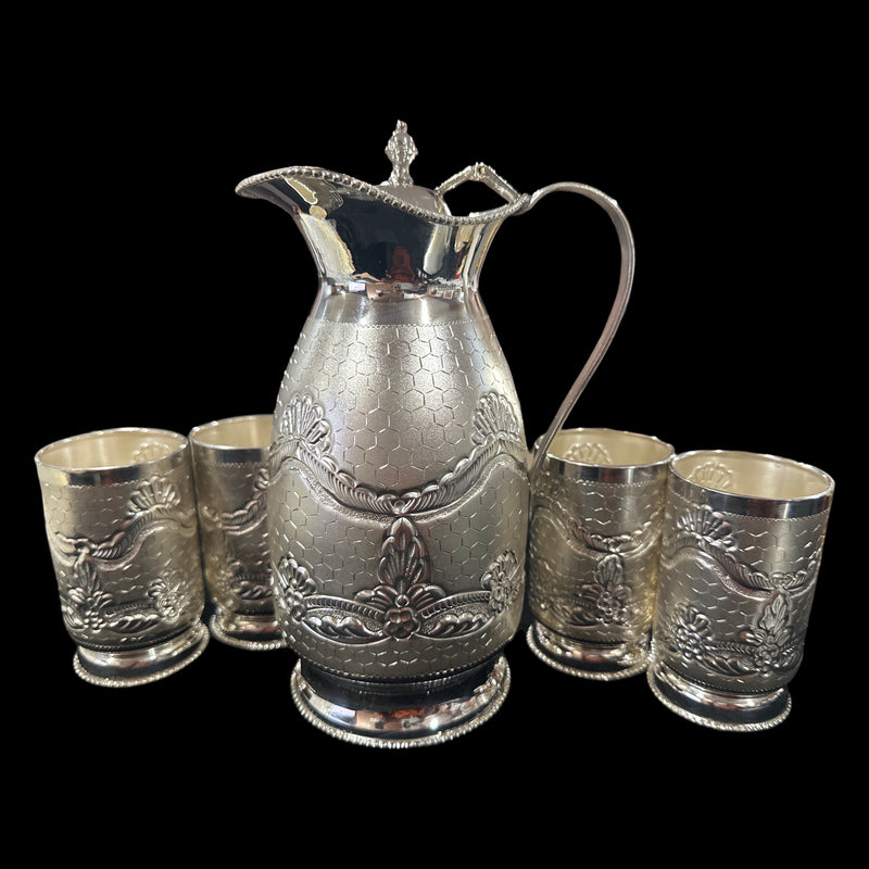 925 Sterling Silver Hallmarked 850ml / 200ml Capacity Water Pitcher & Four Tumbler Set