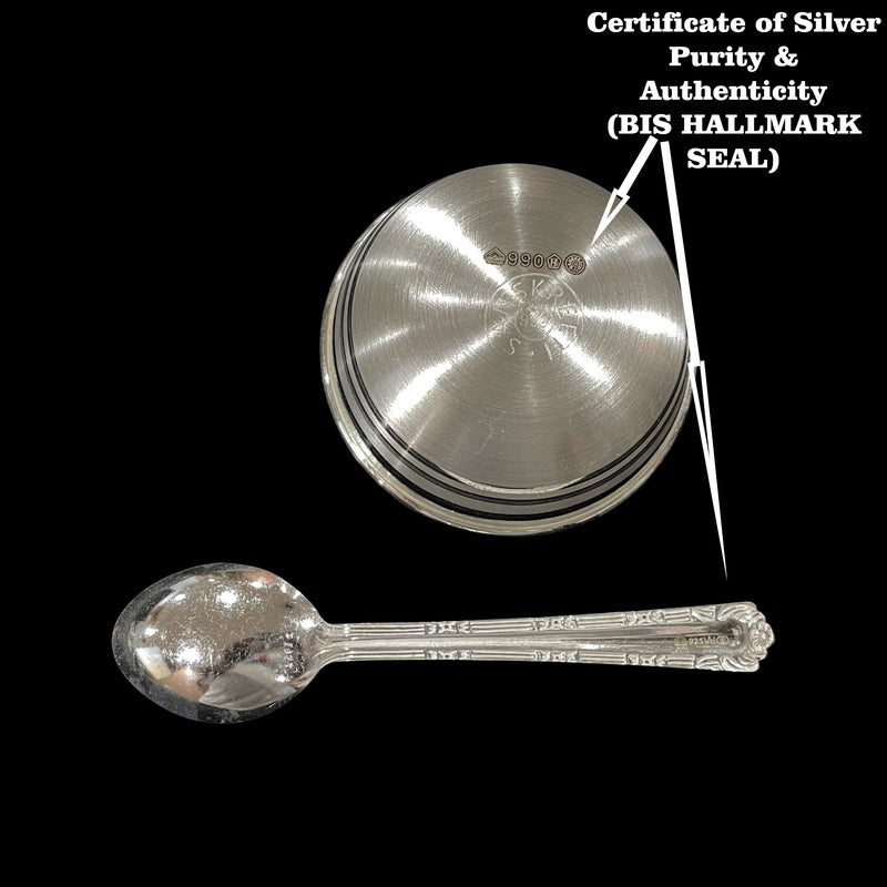 999 Pure Silver Hallmarked 4.0 inch Bowl & Spoon for Youth / Adults -4.0 inch Designer Set
