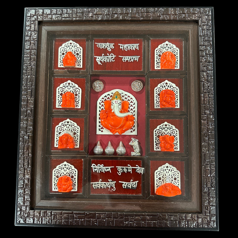 999 Pure Silver Astha Ganesha Mural – 10-inch Tall Frame