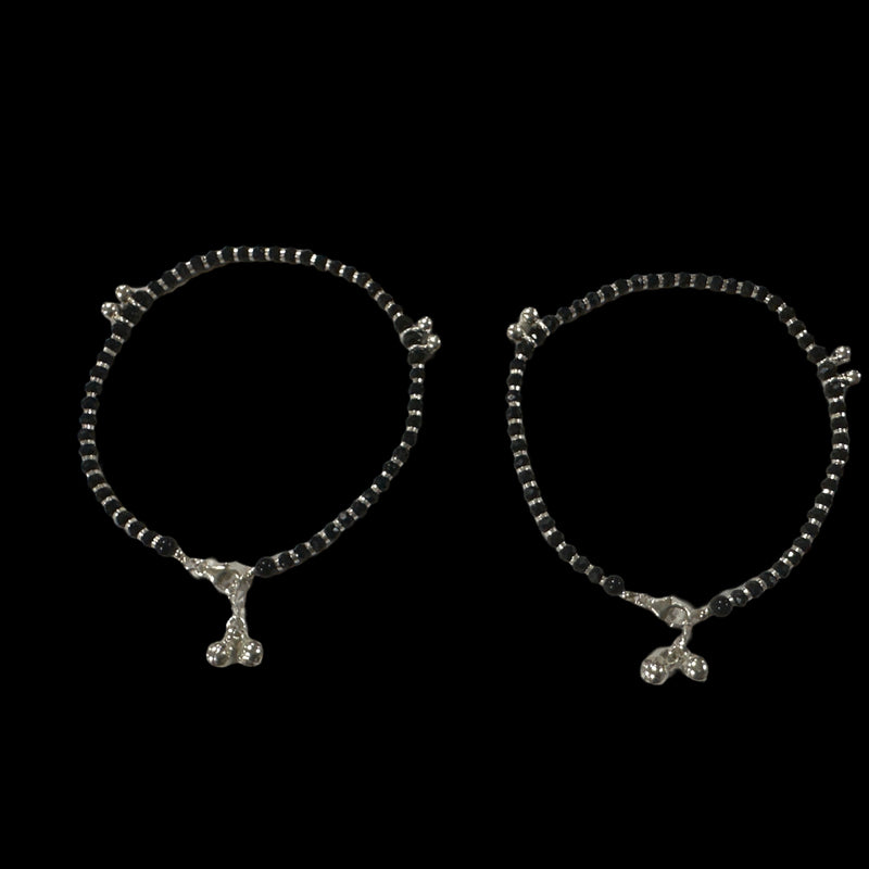 925 Sterling Silver Kids Black Beads Najariya Anklet - Style