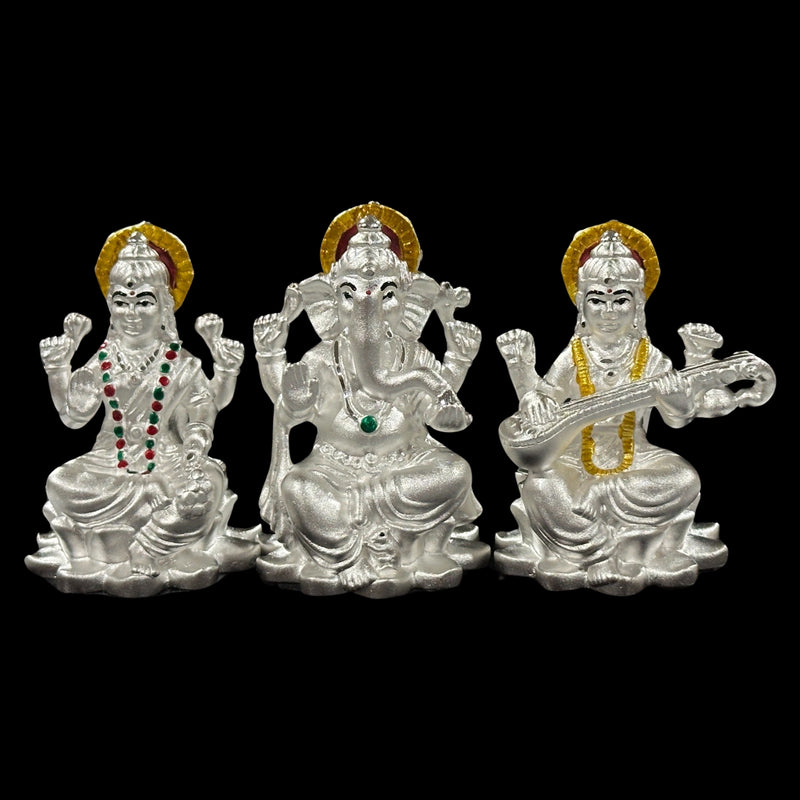 999 Pure Silver Ganesh Lakshmi & Saraswati Idol / Statue / Murti (Figurine