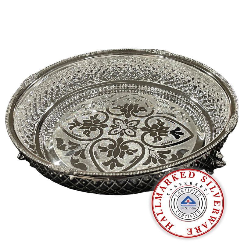 925 Sterling Silver Designer Hallmarked Puja Plate with Elephant Stand - Style