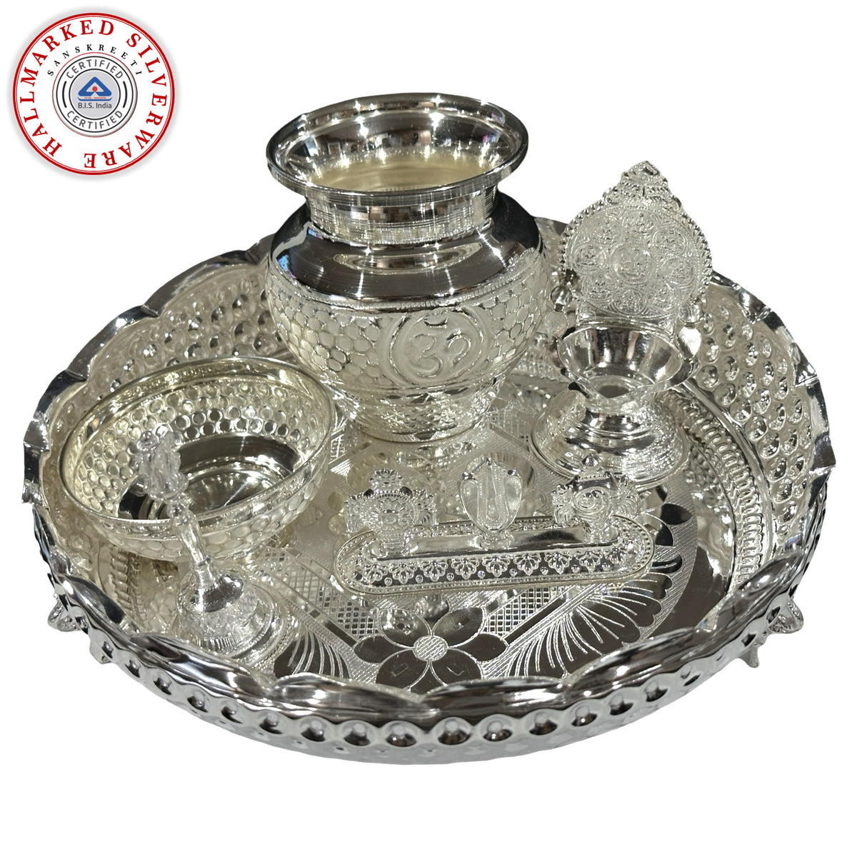 925 Sterling Silver 8.0 inch Hallmarked Exclusive Puja Set - 8.0