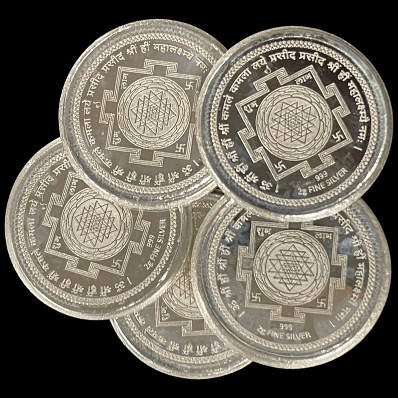 999 Pure Silver Lakshmi / Kuber & Shree Yantram 2 Gram Coins (Pack of 5 Coins)-Figurine
