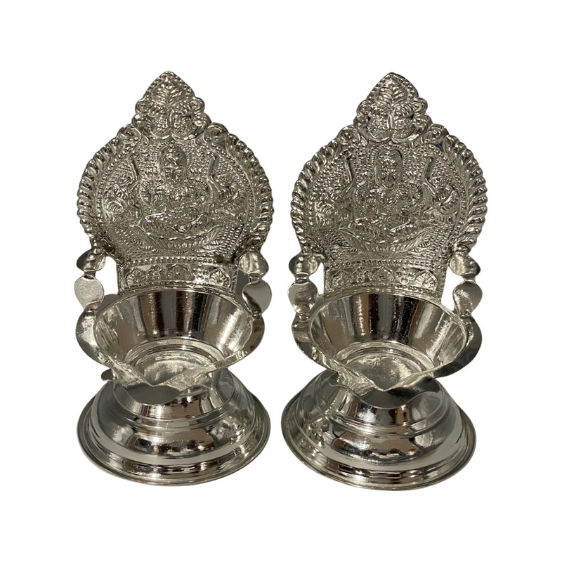 925 Sterling Silver Hallmarked 3.75 Inch Lakshmi / Kamakshi Deepak (Diya) Pair