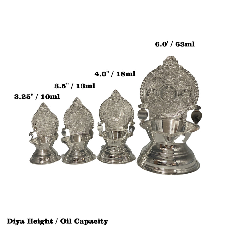 925 Sterling Silver Hallmarked 3.5 Inch Ashta Lakshmi / Kamakshi Deepak (Diya) Pair