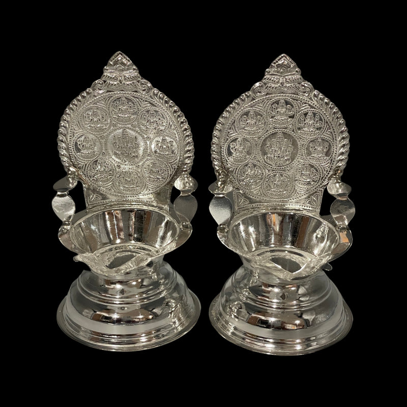 925 Sterling Silver Hallmarked 3.25 Inch Ashta Lakshmi / Kamakshi Deepak (Diya) Pair