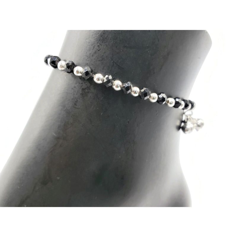 925 Sterling Silver Black Beads Stretchable Anklet - Style