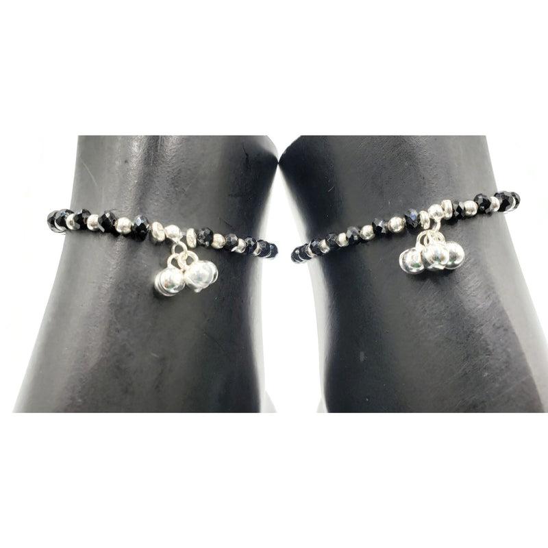 925 Sterling Silver Black Beads Stretchable Anklet - Style