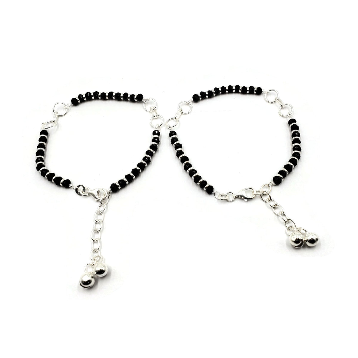 925 Sterling Silver Link Chain Black Beads Anklet - Style#26