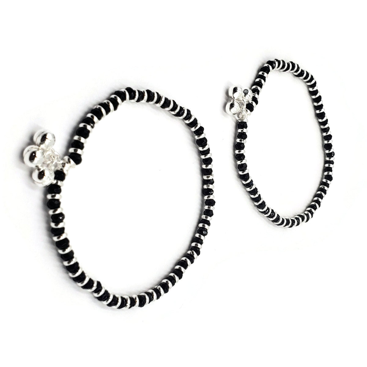 925 Sterling Silver Black Beads Stretchable Anklet - Style#15