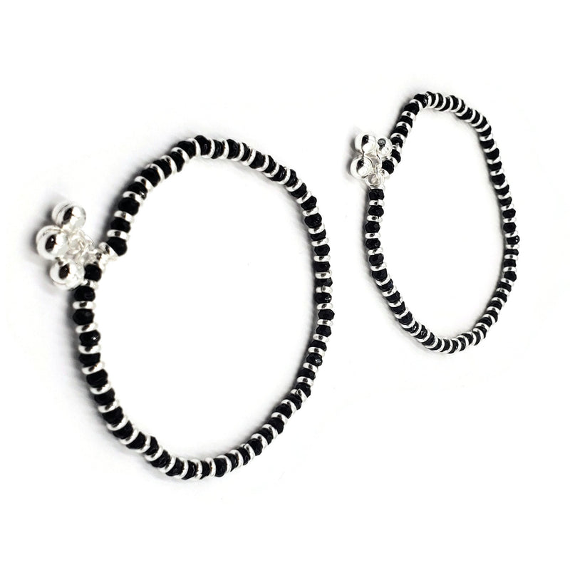 925 Sterling Silver Black Beads Stretchable Anklet  - Style