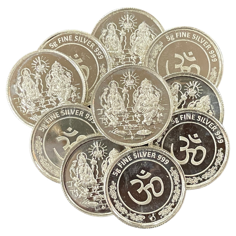 999 Pure Silver Ganesha Lakshmi / Laxmi 5 Gram Coins (Pack of 10 Coins)-Figurine