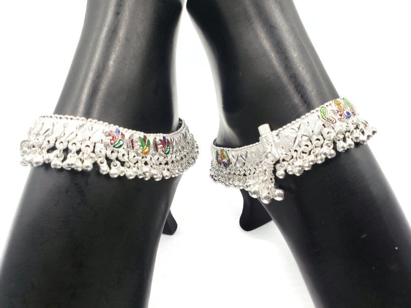 700 Silver Rajwada Pajeb / Anklet with Meena & Bells - Style