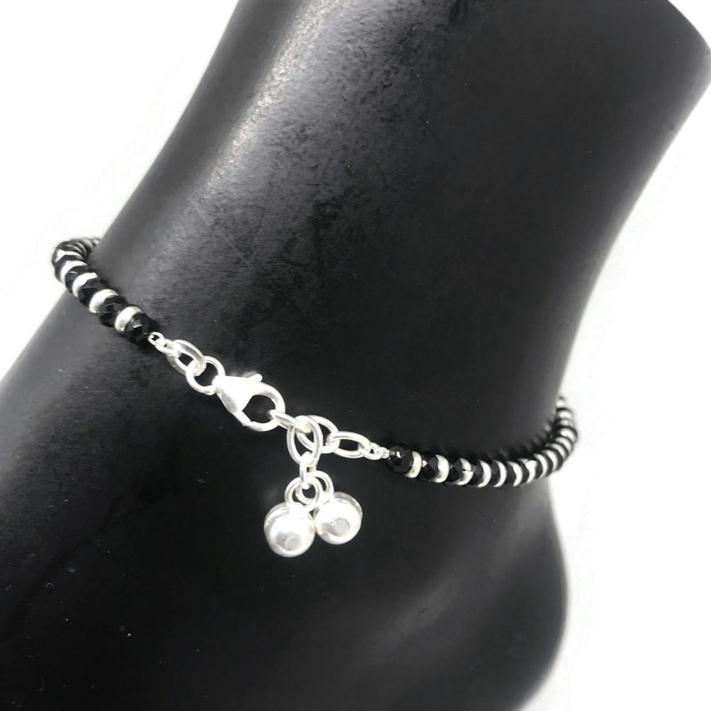 925 Sterling Silver Black Beads Anklet -