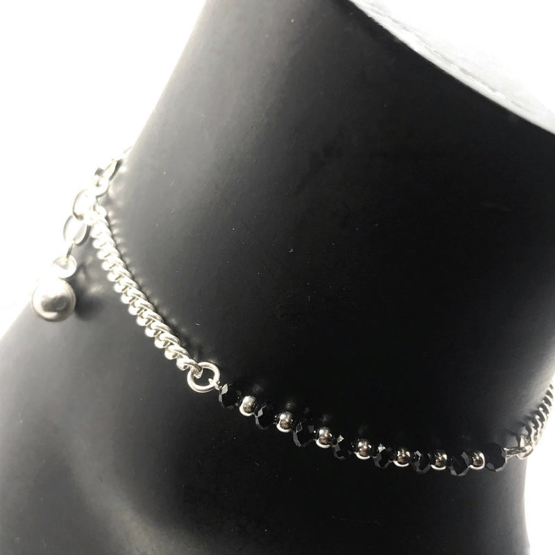 925 Sterling Silver Kids Curb Chain Black Beads Anklet  - Style