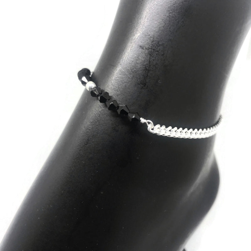 925 Sterling Silver Curb Chain Black Beads Anklet  - Style