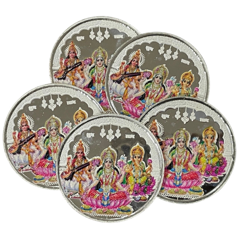 999 Pure Silver Ganesha Lakshmi & Saraswati 10 Gram Meena Coins (Pack Of 5 Coins)
