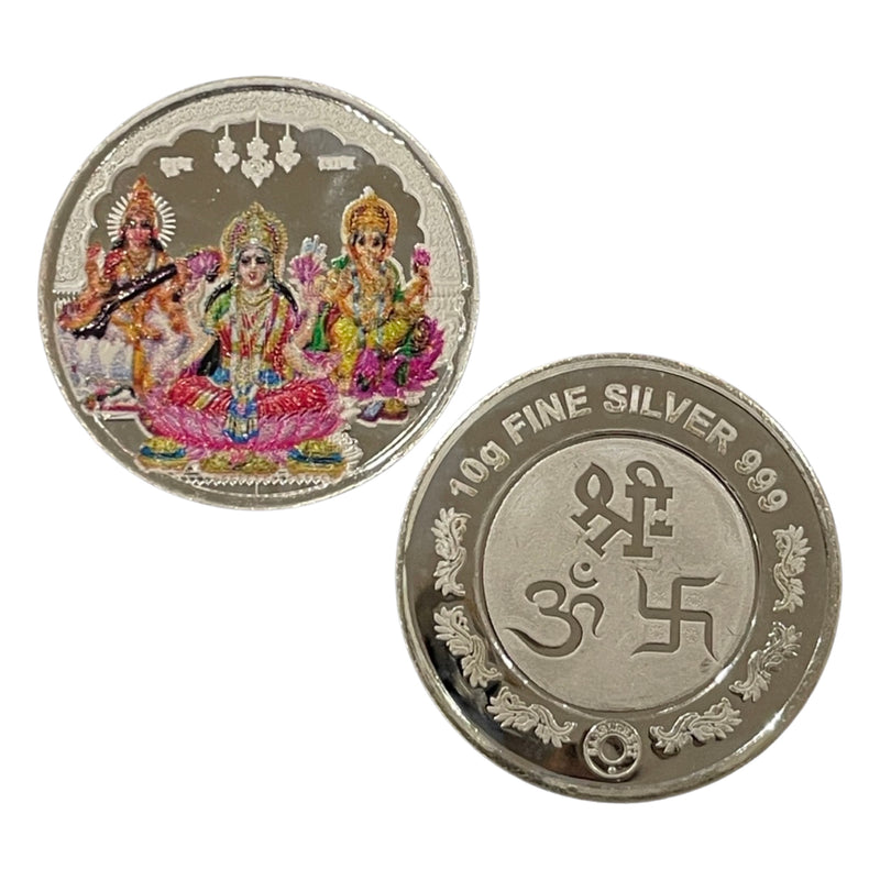 999 Pure Silver Ganesh Lakshmi & Saraswati 10 Gram Meena Coin