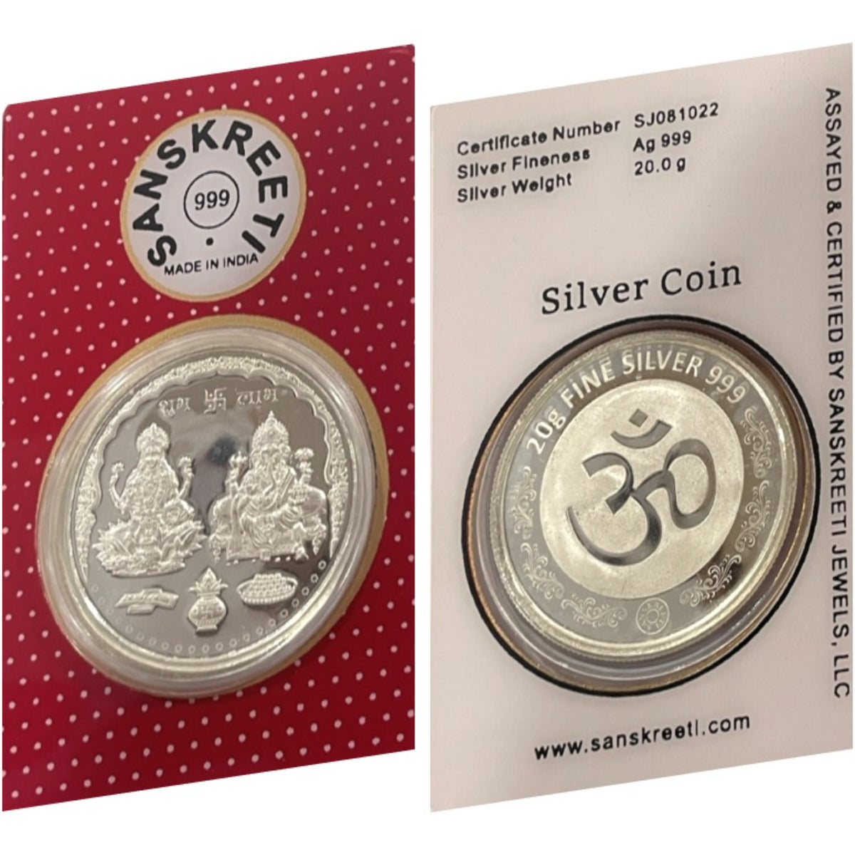 999 Pure Silver Ganesha Lakshmi / Laxmi 20 Gram Sealed Coin - Figurine