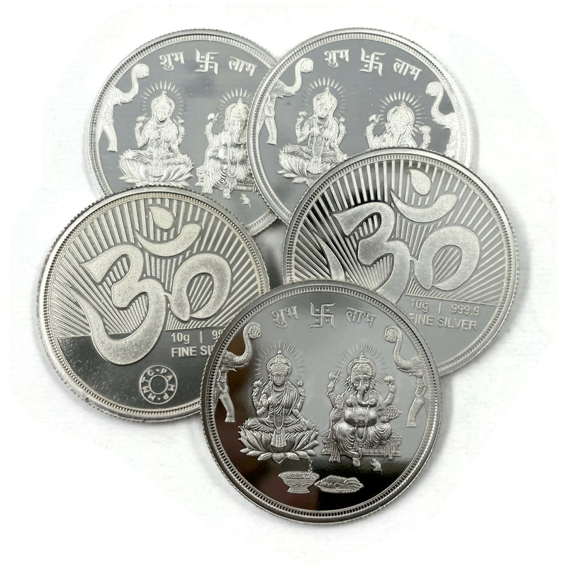 999 Pure Silver Ganesha Lakshmi MMTC Certified 10 Gram Coins (Pack of 5 Coins)