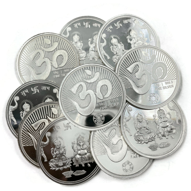 999 Pure Silver Ganesha Lakshmi MMTC Certified 10 Gram Coins (Pack of 10 Coins)