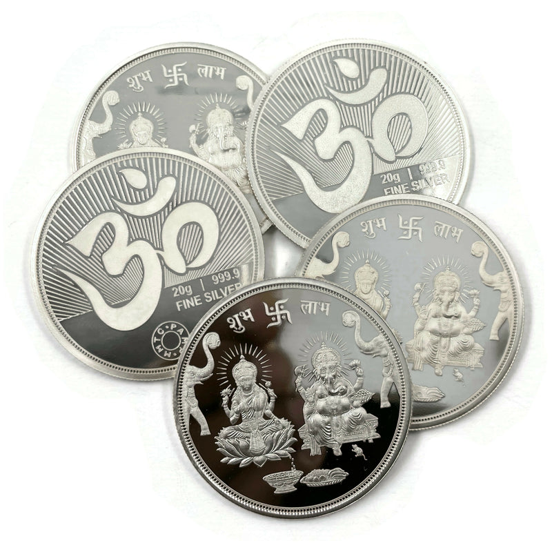 999 Pure Silver Ganesha Lakshmi MMTC 20 Gram Coins (Pack of 5 Coins)