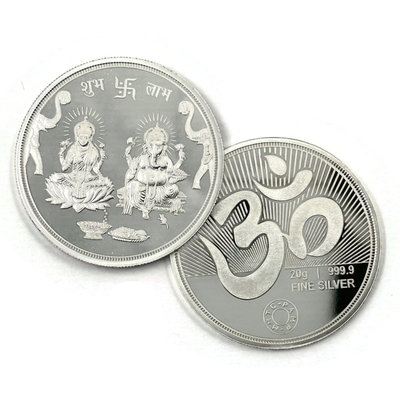 999 Pure Silver Ganesha Lakshmi / Laxmi MMTC 20 Gram Coin -Design